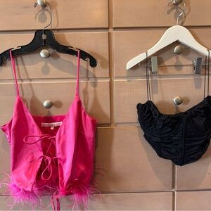 Pink Feather Trim Crop Top and Black Crop Top-Both Included! XXS